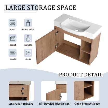 28'' Wall-Mounted Bathroom Vanity with White Ceramic Sink & Soft-Close Door, KD-Packing image 10