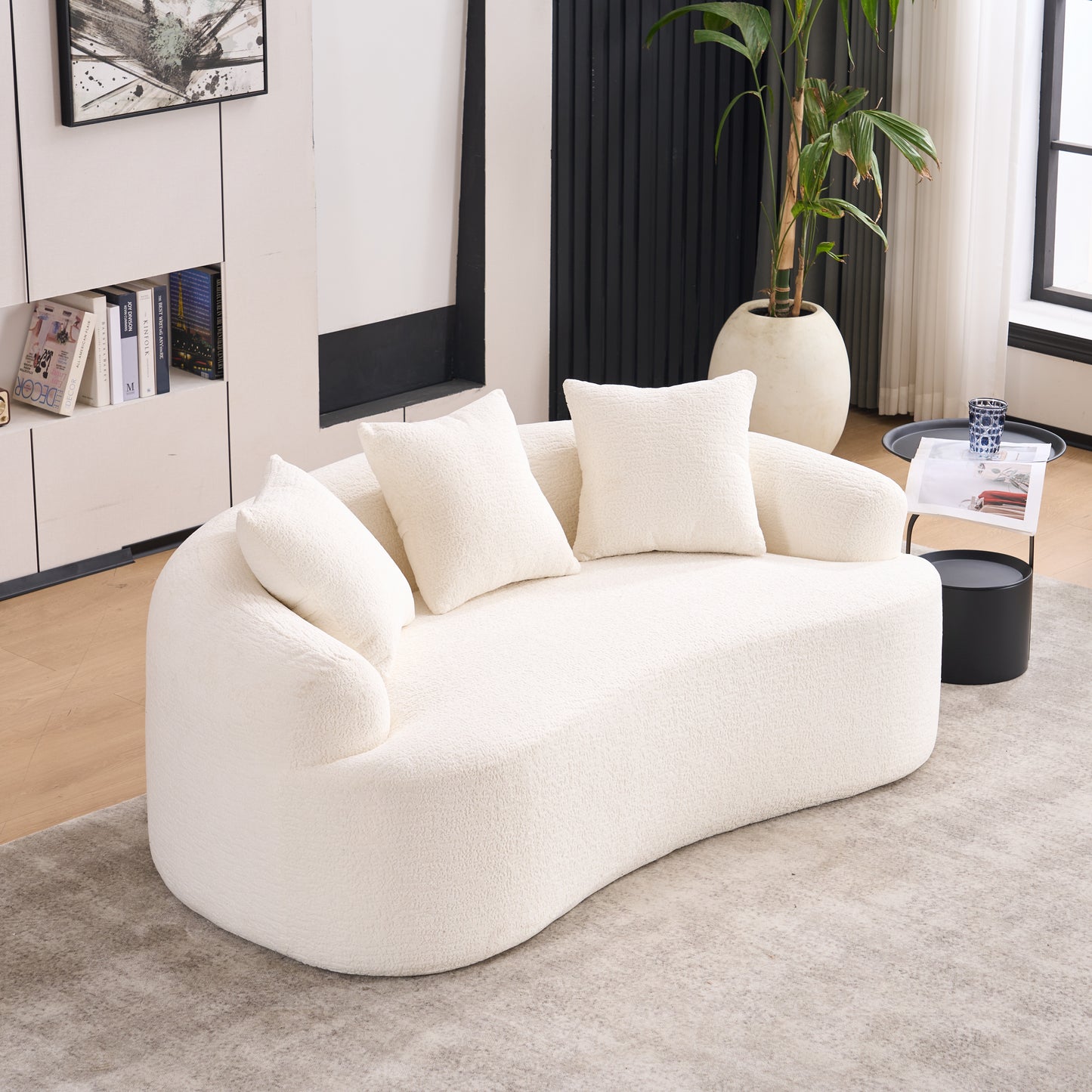 LY-025S Curved Loveseat White Full Compression Sponge Sofa, 30D Chenille No-Assembly Compact Sofa for Small Spaces & Apartments, 65"L, 300 lbs, 3 Pillows image 7