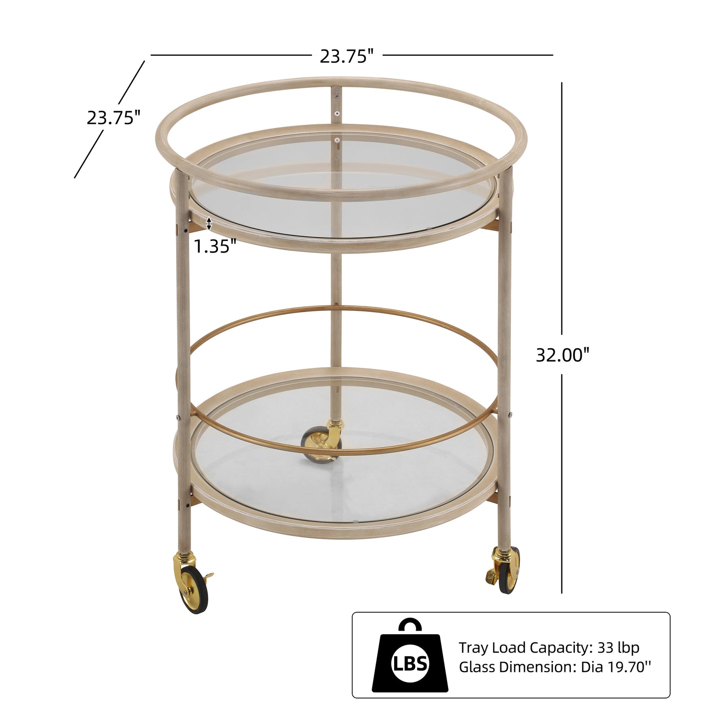 Round Bar Cart with Tempered Glass Shelves and Gold Accents,Distressed White Finish image 4