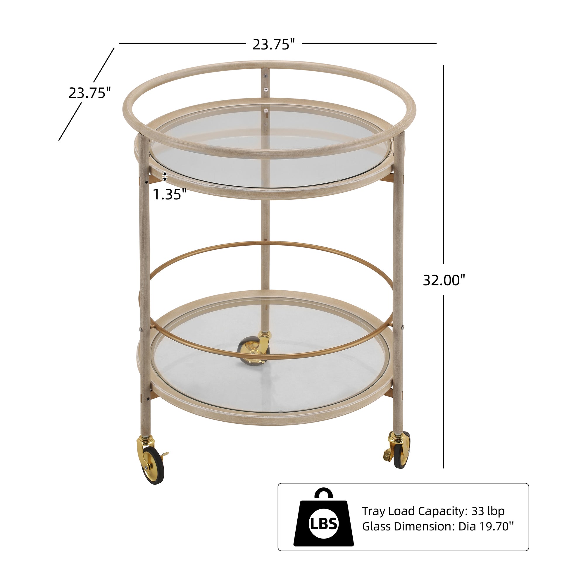 Round Bar Cart with Tempered Glass Shelves and Gold Accents,Distressed White Finish image 4