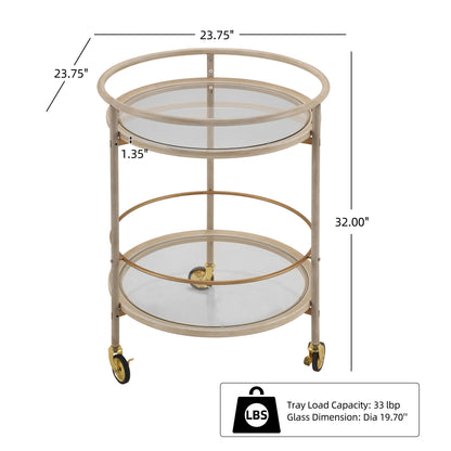 Round Bar Cart with Tempered Glass Shelves and Gold Accents,Distressed White Finish image 4