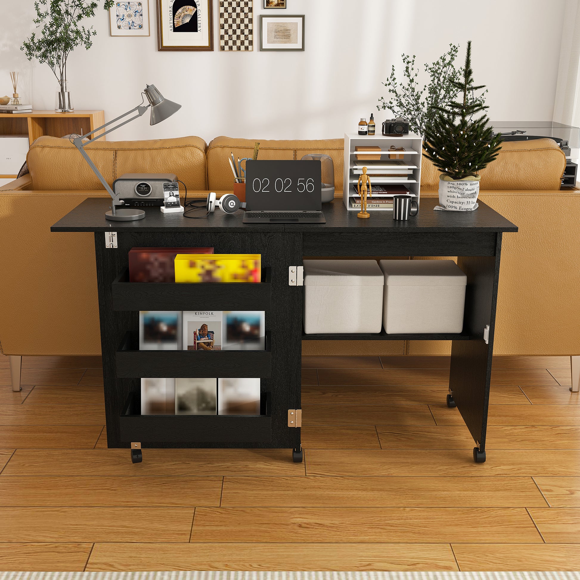 Black 45.67'' 4-in-1 Folding Sewing Table with Lockable Wheels – Multi-Functional Craft Station, End Table, Computer Desk & Kitchen Storage with Shelves, Rolling Sewing Machine Table for Apartments image 12