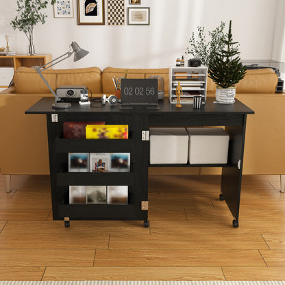 Black 45.67'' 4-in-1 Folding Sewing Table with Lockable Wheels – Multi-Functional Craft Station, End Table, Computer Desk & Kitchen Storage with Shelves, Rolling Sewing Machine Table for Apartments image 12
