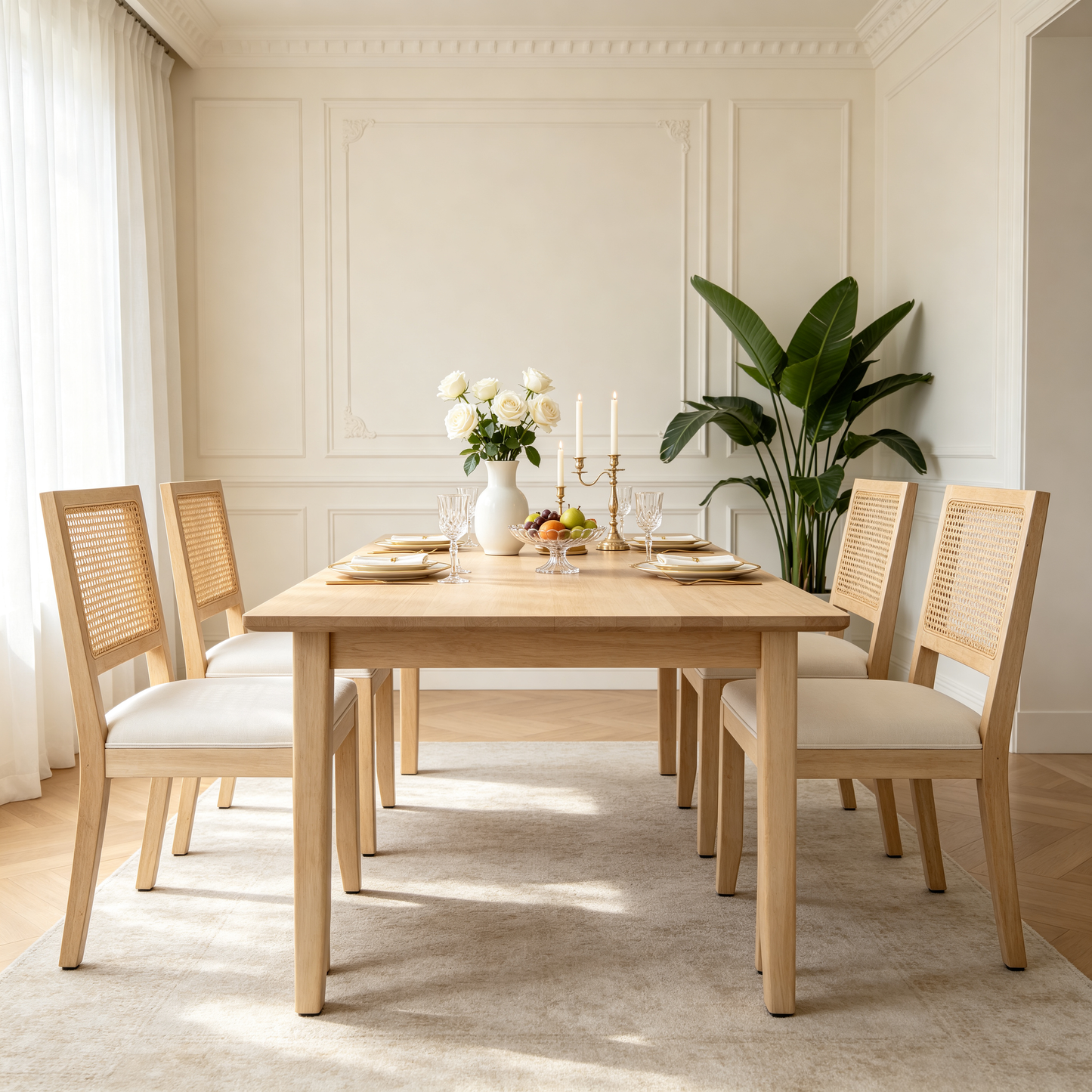 Farmhouse Rattan Dining Chairs Set of 2, Mid Century Modern Kitchen & Dining Room Chairs, Cane Low Back, with Natural Solid Wood Frame, Beige image 9