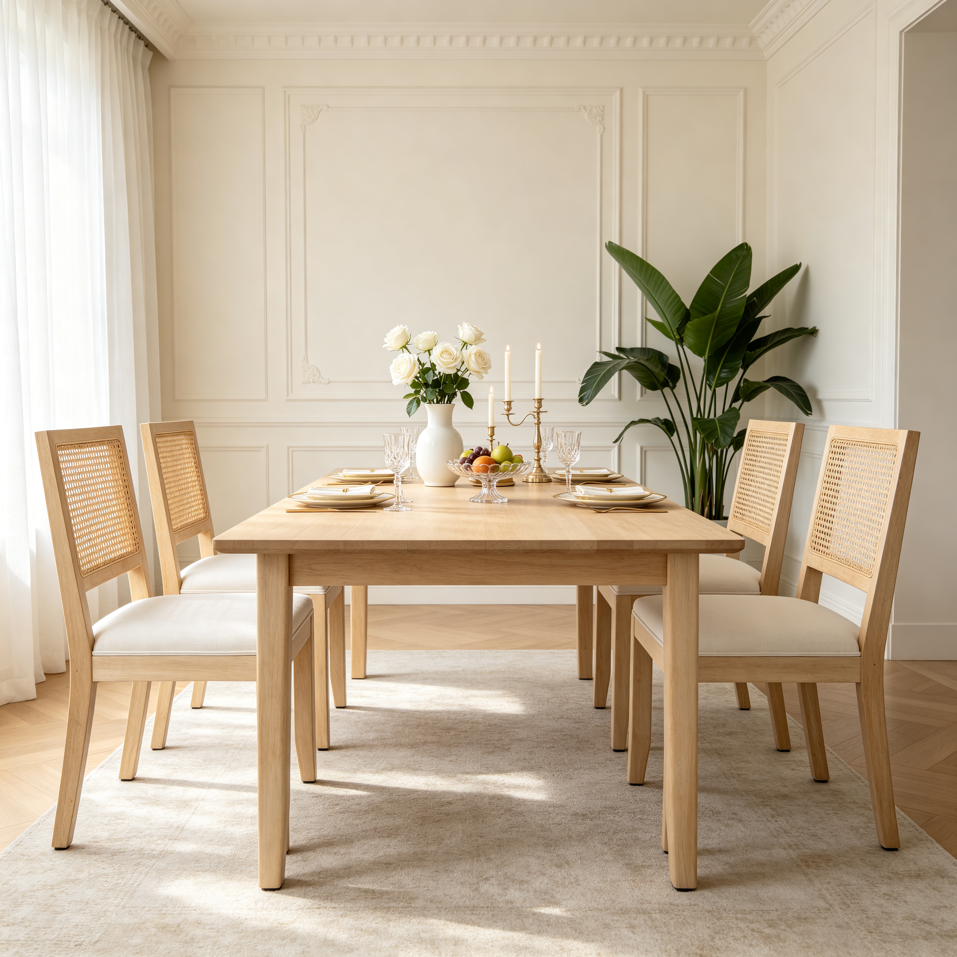 Farmhouse Rattan Dining Chairs Set of 2, Mid Century Modern Kitchen & Dining Room Chairs, Cane Low Back, with Natural Solid Wood Frame, Beige image 9