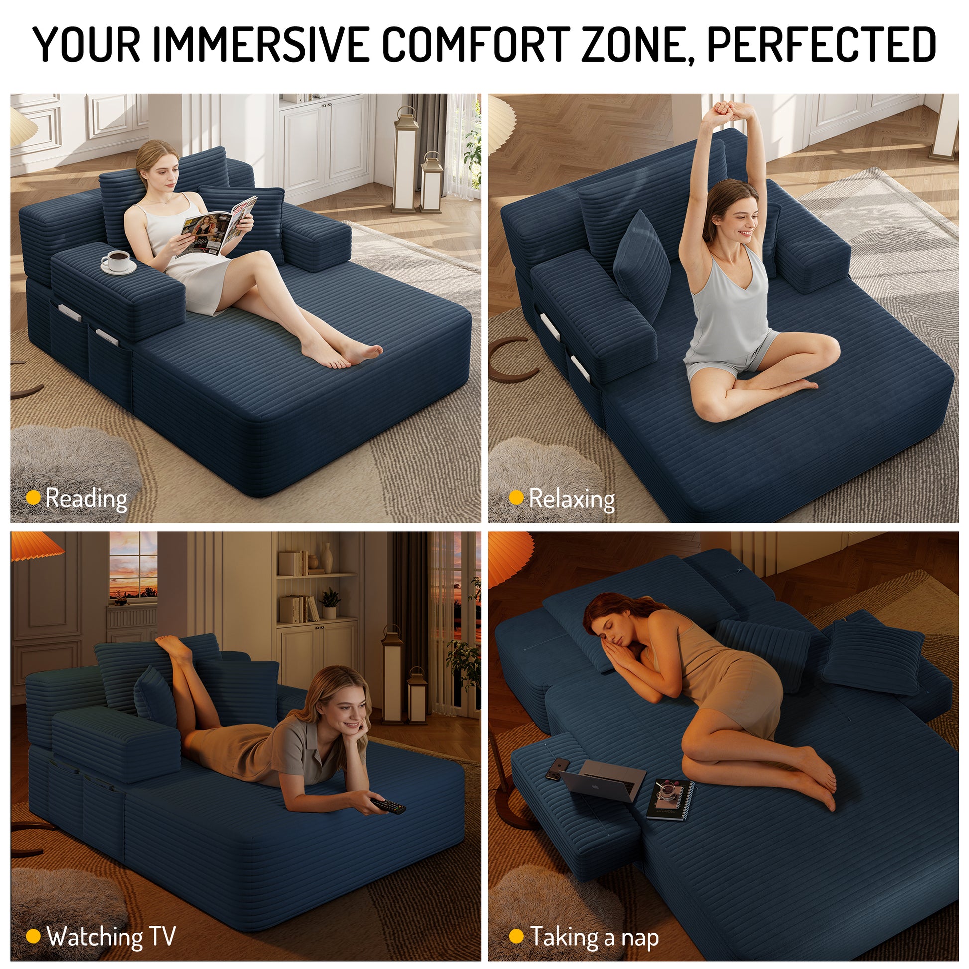 Luxurious Plush Corduroy Chaise Lounge with 3 Pillows, Convertible Sofa Bed with Storage Pocket, Frameless Design & Compression Foam for Small Spaces, Living Room, Apartment,Blue image 5