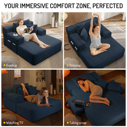 Luxurious Plush Corduroy Chaise Lounge with 3 Pillows, Convertible Sofa Bed with Storage Pocket, Frameless Design & Compression Foam for Small Spaces, Living Room, Apartment,Blue image 5