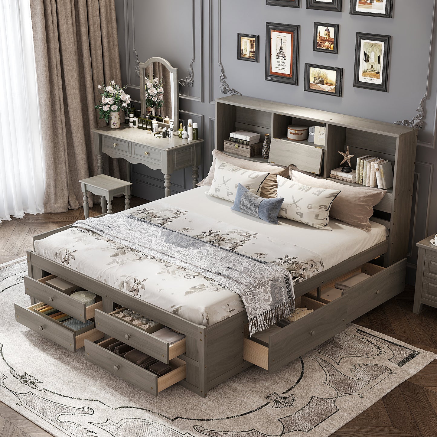King Size Platform Bed with Storage Headboard and 8 Drawers, Gray image 3