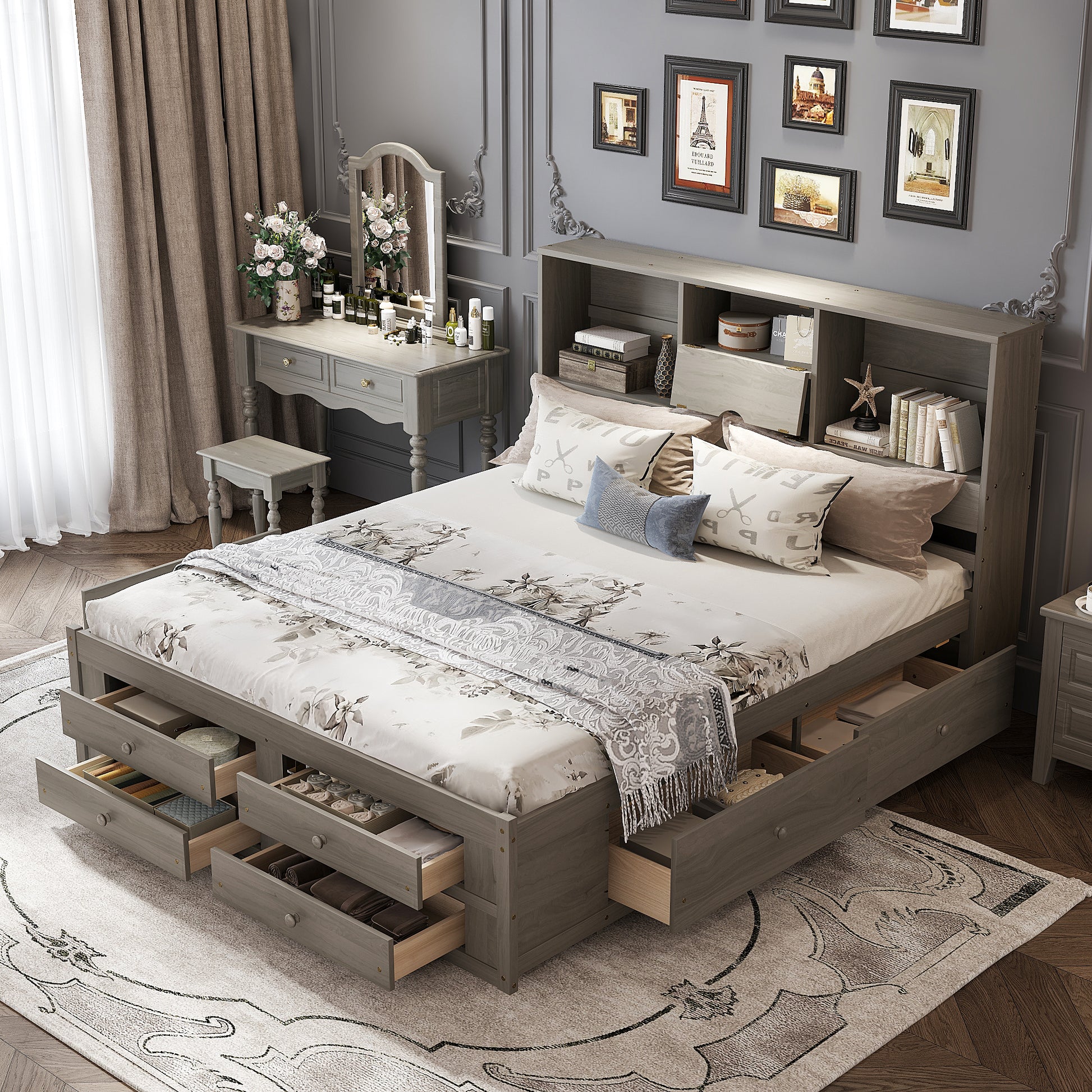 King Size Platform Bed with Storage Headboard and 8 Drawers, Gray image 3