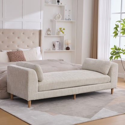 83.1"Wide Modern Upholstered End of Bed Bench with Armrests, Chenille Chaise Lounge Couch with 2 Bolster Pillows, Daybed with Rubberwood Legs For Living Room,Bedroom,Apartment,Guestroom, Beige image 3