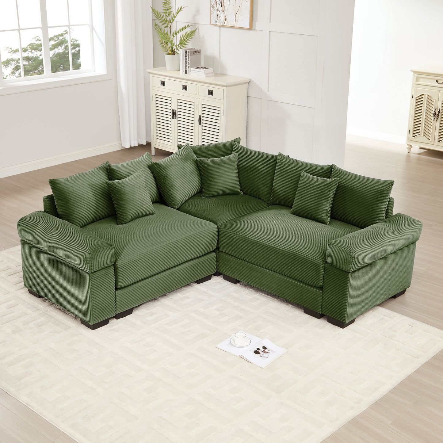 Oversized Cloud Modular Sectional Couch,Convertible Sectional Couches Deep Seat Extra-Wide Armrests, 10 Throw Pillows Premium Corduroy Fabric, Ergonomic Design,Easy Assembly, For Living Rooms,Green image 1