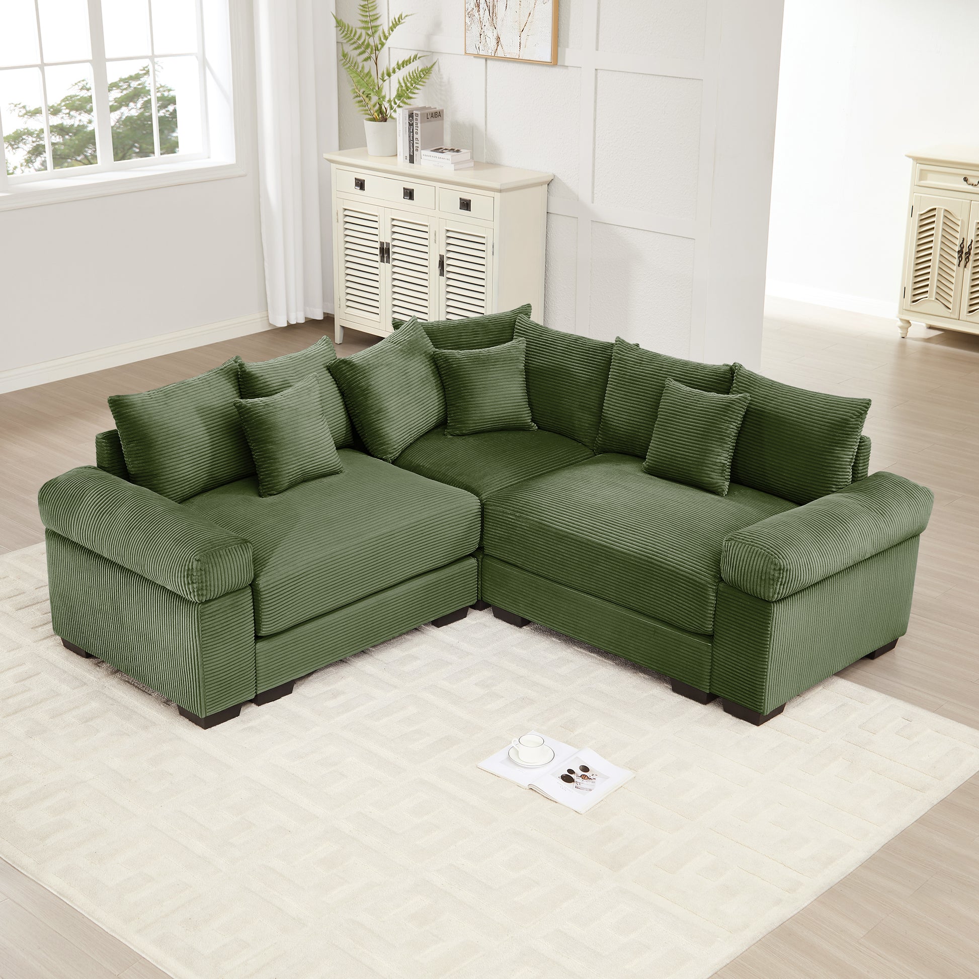 Oversized Cloud Modular Sectional Couch,Convertible Sectional Couches Deep Seat Extra-Wide Armrests, 10 Throw Pillows Premium Corduroy Fabric, Ergonomic Design,Easy Assembly, For Living Rooms,Green image 1