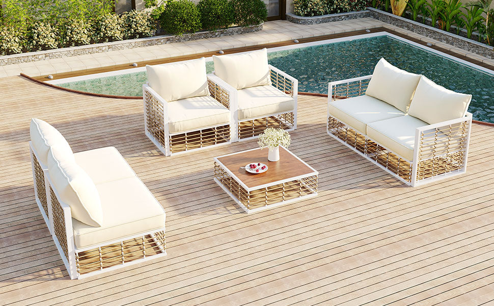 TOPMAX Modern Minimalist 7-Piece Metal Patio Sectional Sofa Set, All-Weather Garden Conversational Furniture Set with Thick Cushions and Coffee Table for Indoor Outdoor, White image 6