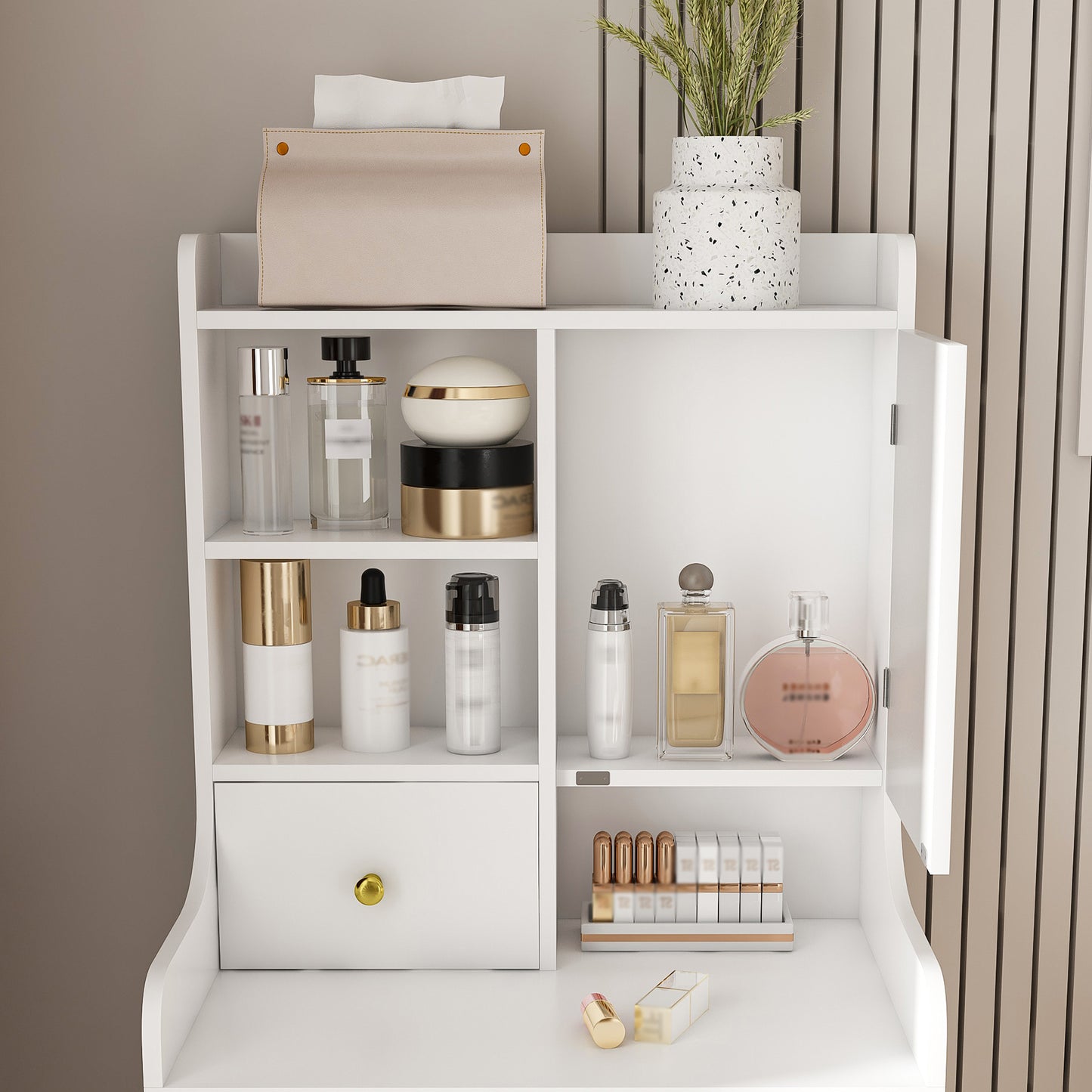 3-in-1 Dressing Table with LED Mirror & Storage Stool - Compact Makeup Vanity with 4 Drawers, Storage Cabinet & Hidden Stool, White Density Board Design, Open Bookshelf for Bedroom Organization image 8