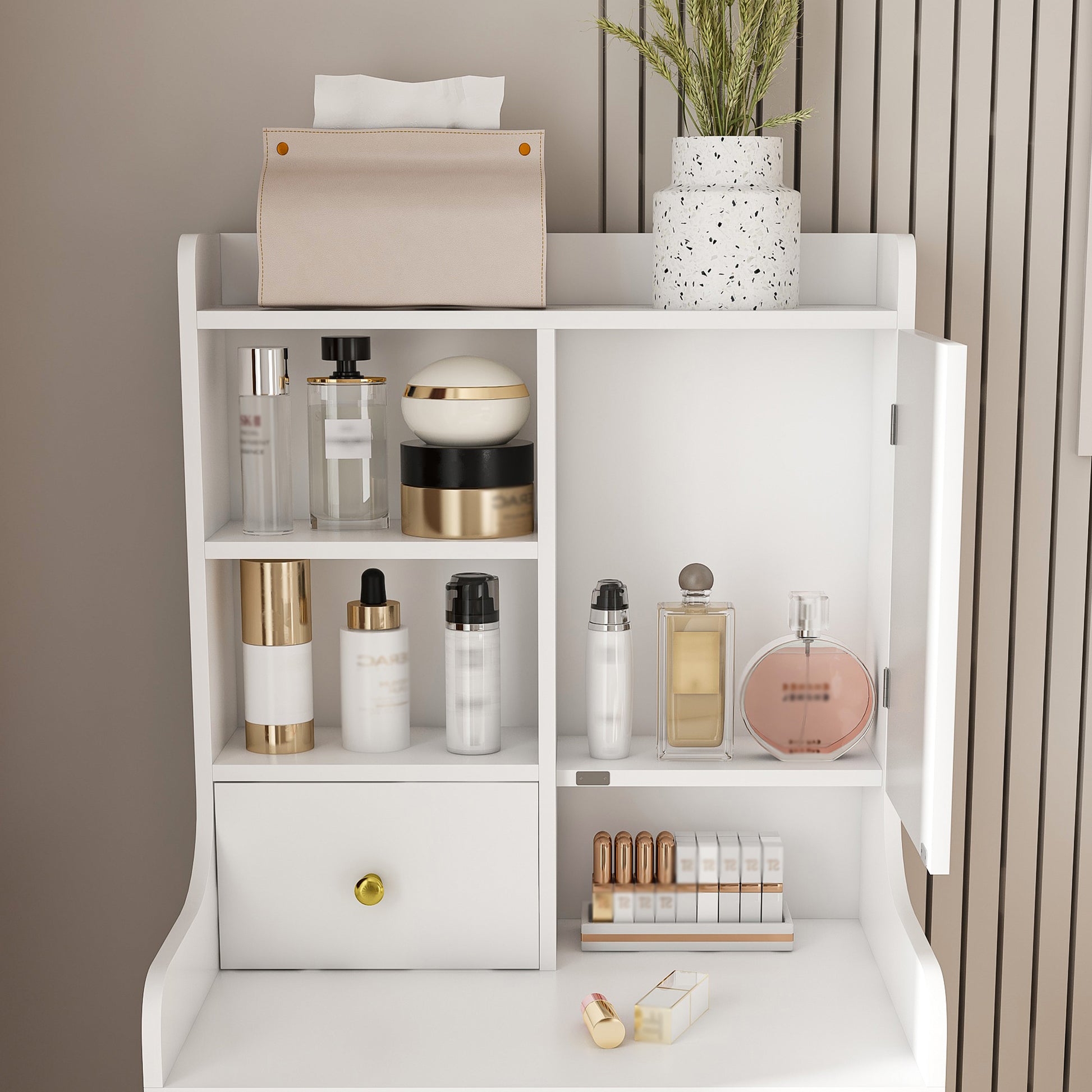 3-in-1 Dressing Table with LED Mirror & Storage Stool - Compact Makeup Vanity with 4 Drawers, Storage Cabinet & Hidden Stool, White Density Board Design, Open Bookshelf for Bedroom Organization image 8
