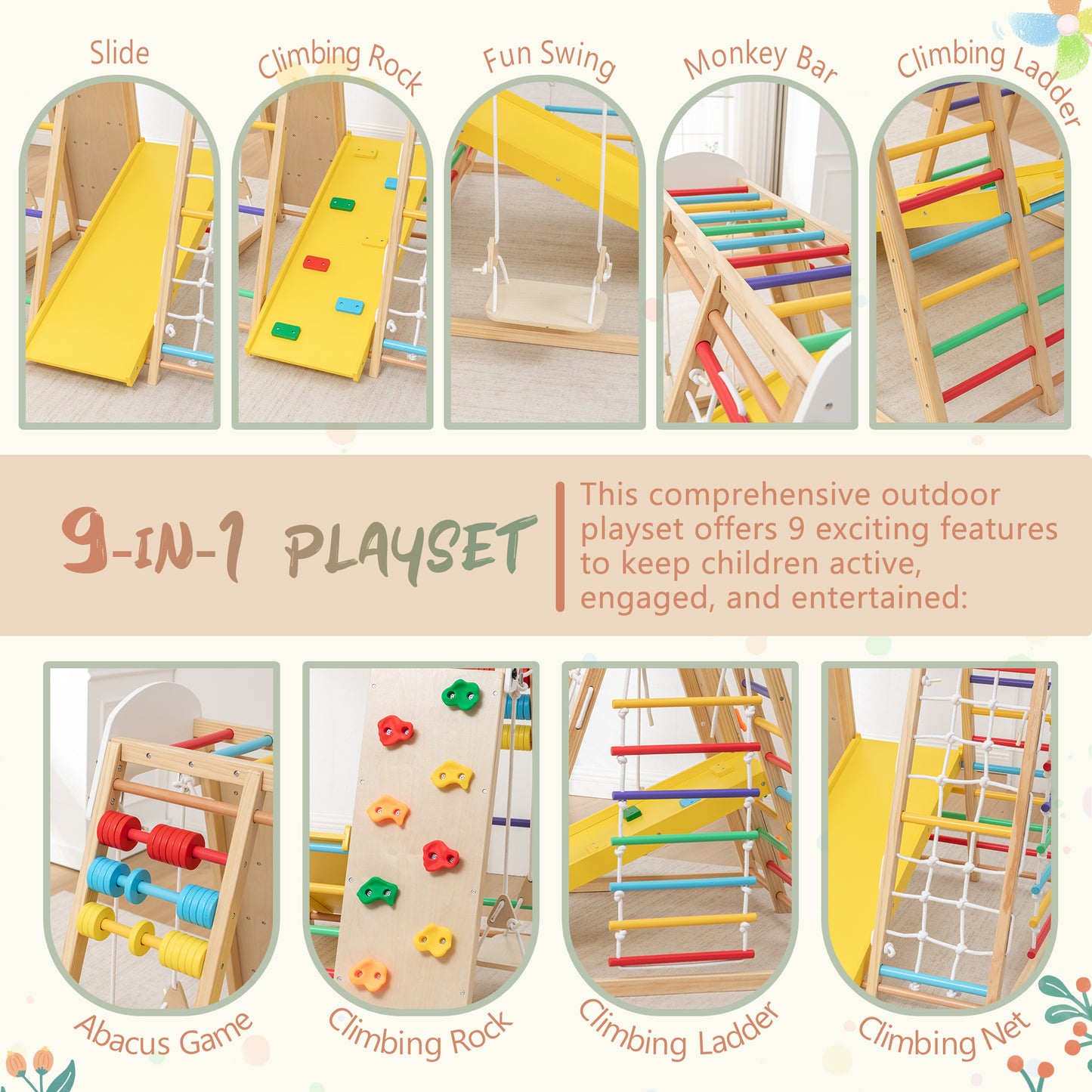 9-in-1 Foldable Kids Climbing Frame & Slide, Wooden Toddler Playground with Swing, Monkey Bars, Climbing Rock, Abacus Game – Indoor Outdoor Playset for Ages 3+, Natural Wood, 176LBS Capacity image 5