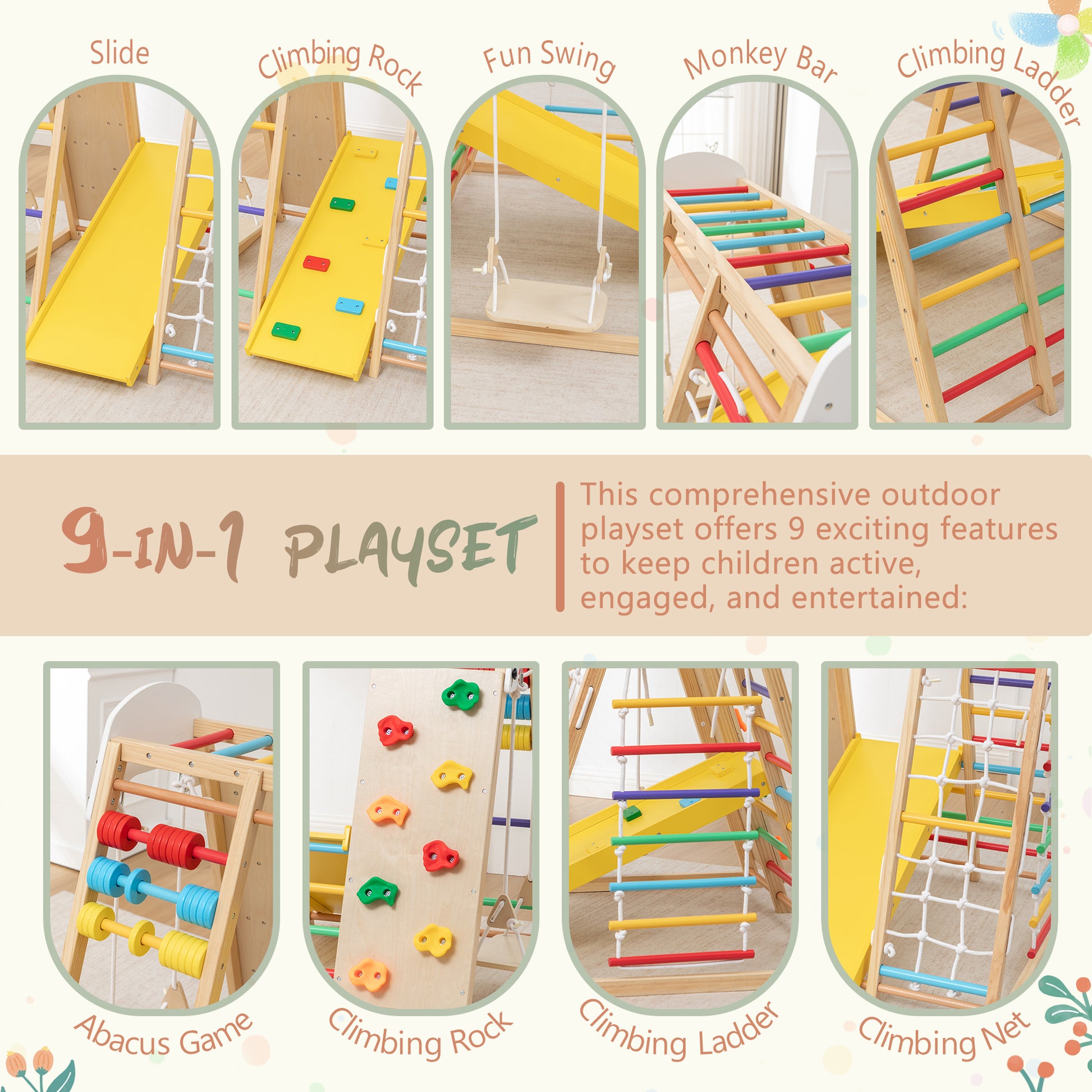 9-in-1 Foldable Kids Climbing Frame & Slide, Wooden Toddler Playground with Swing, Monkey Bars, Climbing Rock, Abacus Game – Indoor Outdoor Playset for Ages 3+, Natural Wood, 176LBS Capacity image 5