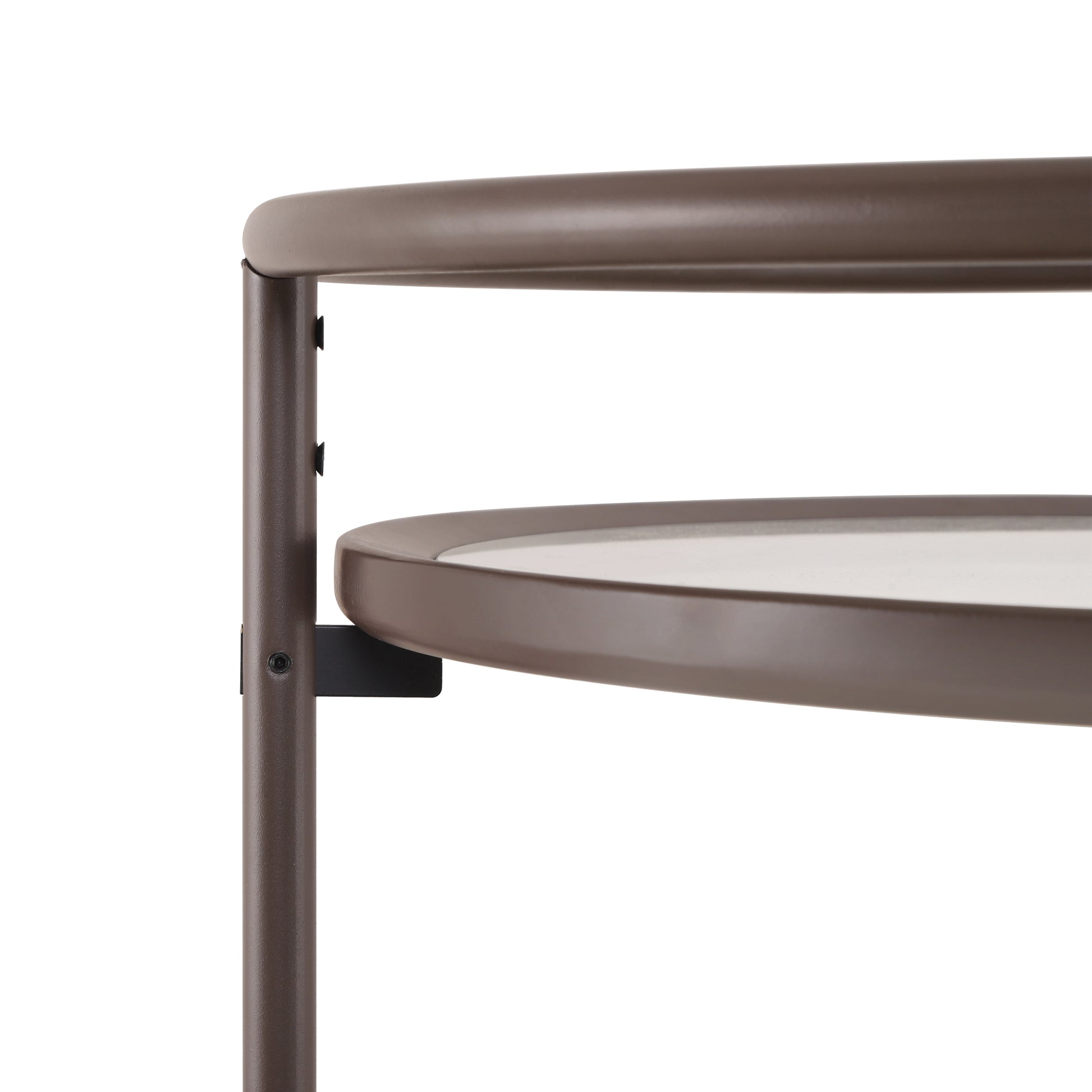 Modern Coffee Brown Round Bar Cart with Tempered Glass Shelves and Gold Locking Casters image 8