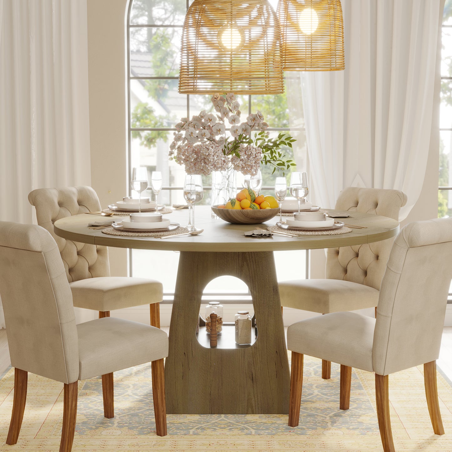 Round Dining Table for 4-6,47 Inch Round Dinner Table with Wooden Tabletop and Storage Base,Farmhouse Dining Table,Wood Kitchen Table for Dining Room,Kitchen, Living Room,Natural(Table Only) image 2