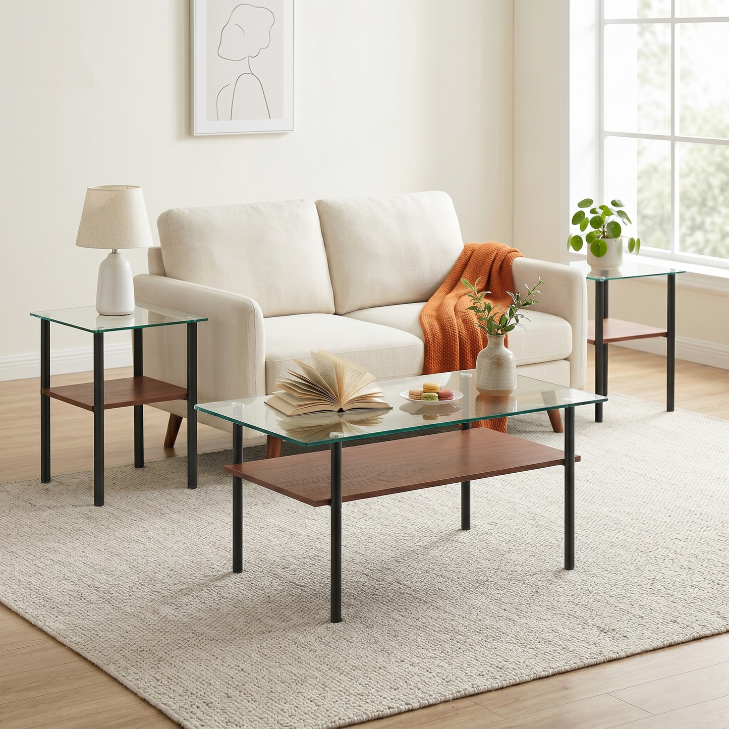Coffee Table and End tables Set of 3,Modern glass coffee table for living room, rectangular tempered glass top, black metal legs with wooden shelf. Easy to clean, stylish center table image 2