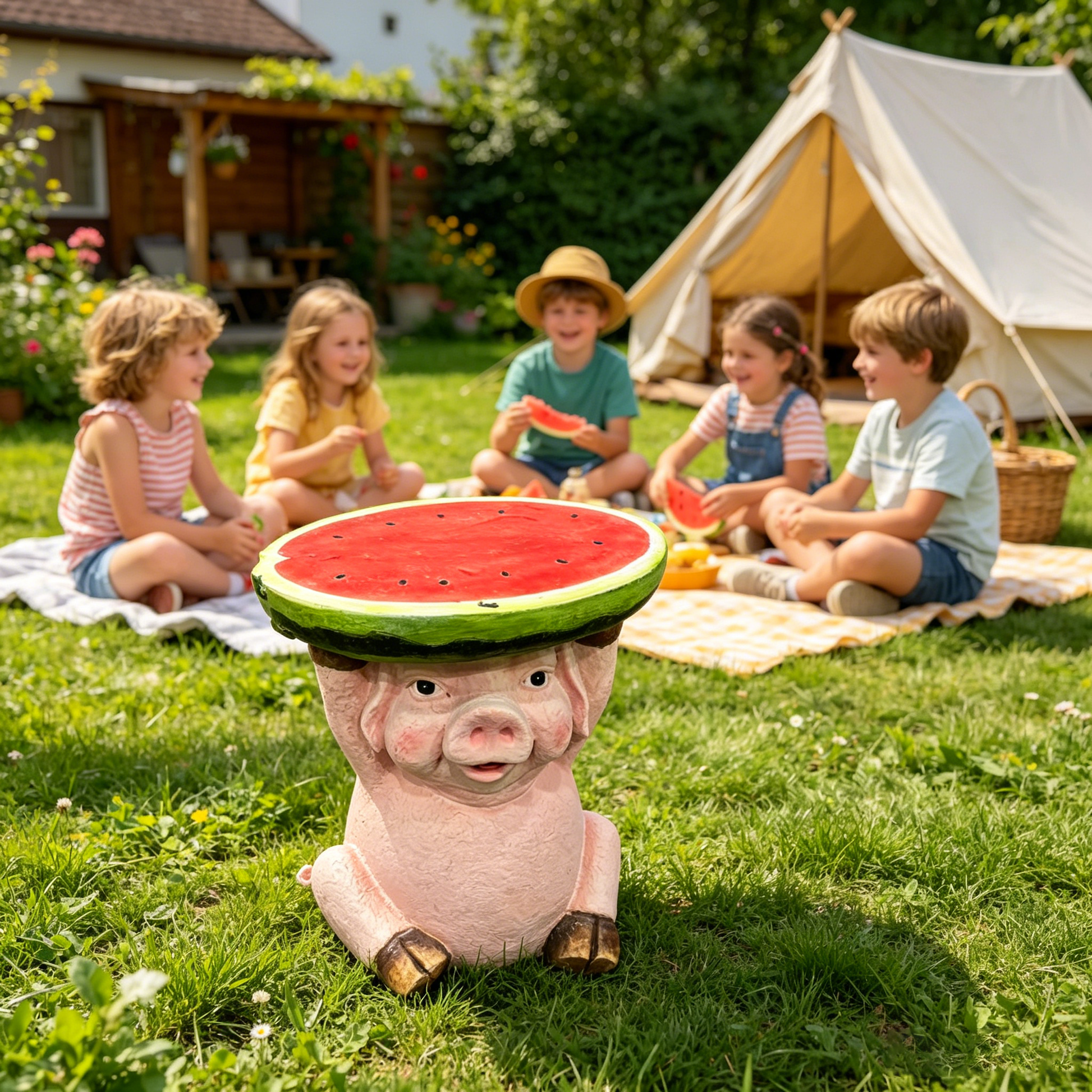 13.39" High Cute Pig Side Table, 11.34" Wide Resin Pig with Watermelon Top, Multi-Functional Plant Stand & End Table for Home & Garden Decoration image 3