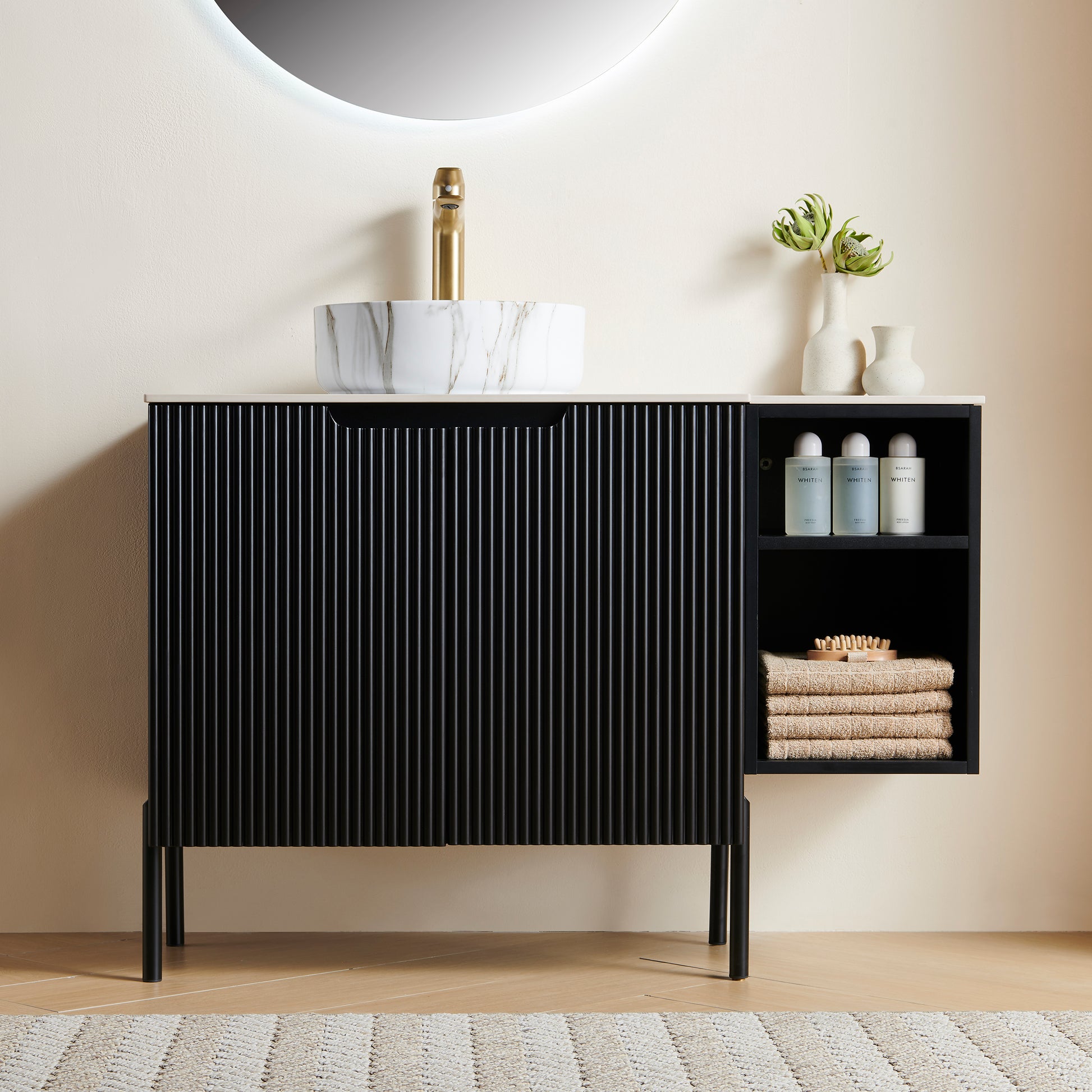 TURIO 42" Bathroom Freestanding and Wall Mounted Storage Cabinet with 2 Doors and 12" Open Shelf, One White Round Ceramic Basin with Stone Pattern and Carrara White Counter Top, No Faucet, Black Color image 1