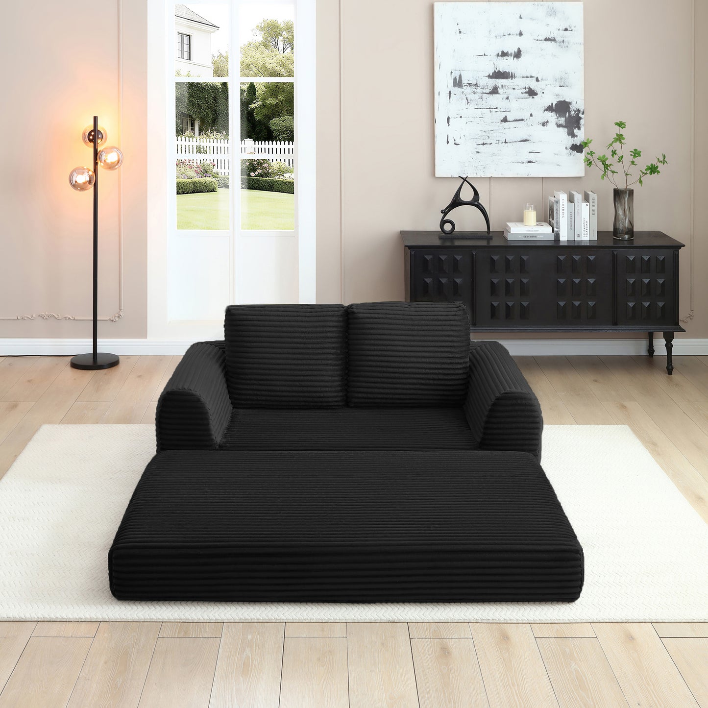 2-in-1 Folding Convertible Sofa Bed, Modern Corduroy Sleeper Couch with 2*pillows, Futon Modular Upholstered Boneless Loveseat with Pull-Out Bed,Folding Floor Modular Couch for Living Room Black image 2