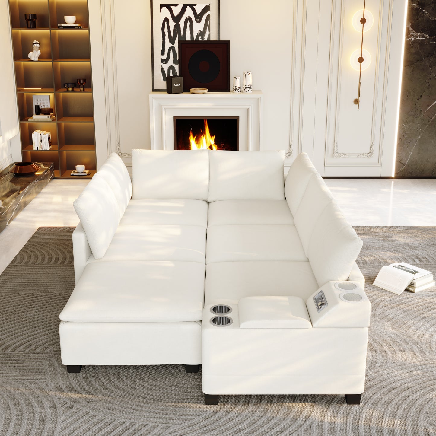 121.2" Modular U-Shaped Cloud Sectional Sofa with Movable Ottoman, Chenille Convertible Sofa Bed with Hidden Storage&USB Ports&Cup Holders&Bluetooth Speaker for Living Room, Apartments, Beige/White image 4