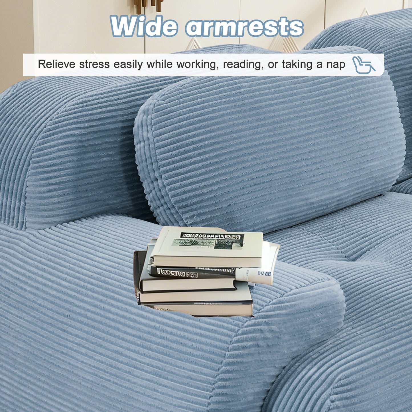 L-shaped modular sofa no assembly ergonomic design pet-friendly luxuryCorduroy Fabric fabric extra-wide curved armrests 32D high-resilience sponge for living rooms bedroom,Blue image 9