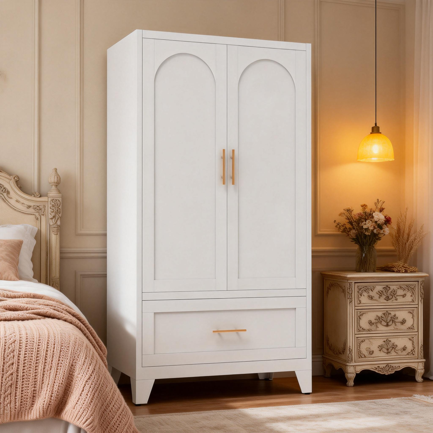60" Tall Metal Wardrobe Cabinet with 1 Drawer and Hanging Rod, 2 Doors Wardrobe Closet with Shelf for Bedroom, Office, Laundry Room,Entryway,Foyer,Guesthouse (White) image 1