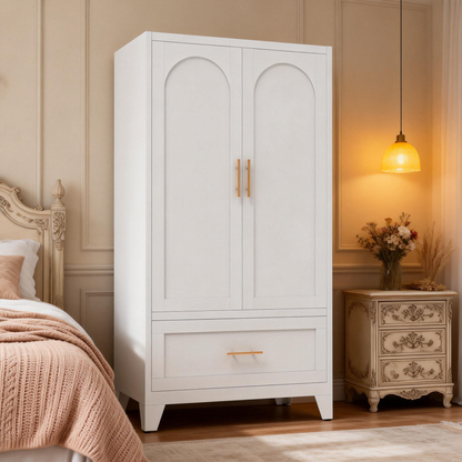60" Tall Metal Wardrobe Cabinet with 1 Drawer and Hanging Rod, 2 Doors Wardrobe Closet with Shelf for Bedroom, Office, Laundry Room,Entryway,Foyer,Guesthouse (White) image 1