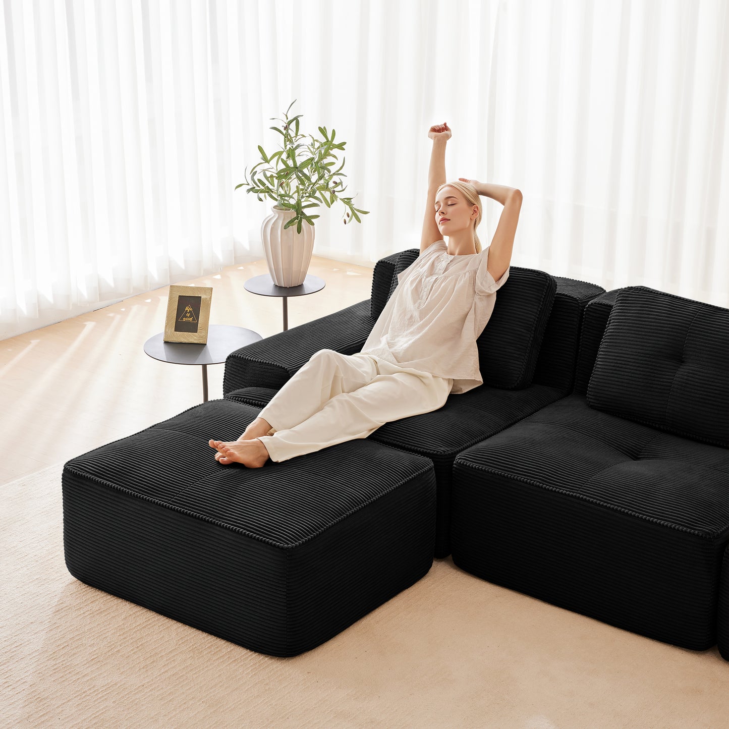 Modular Sectional Sofa with 5-Seater,V Shaped Corner Couch,Corduroy Fabric,2 Movable Ottomans, Deep Seat for Living Room, Pearl-like piping, Tufted Design, No Assembly, Anti-slip Design,Black image 9