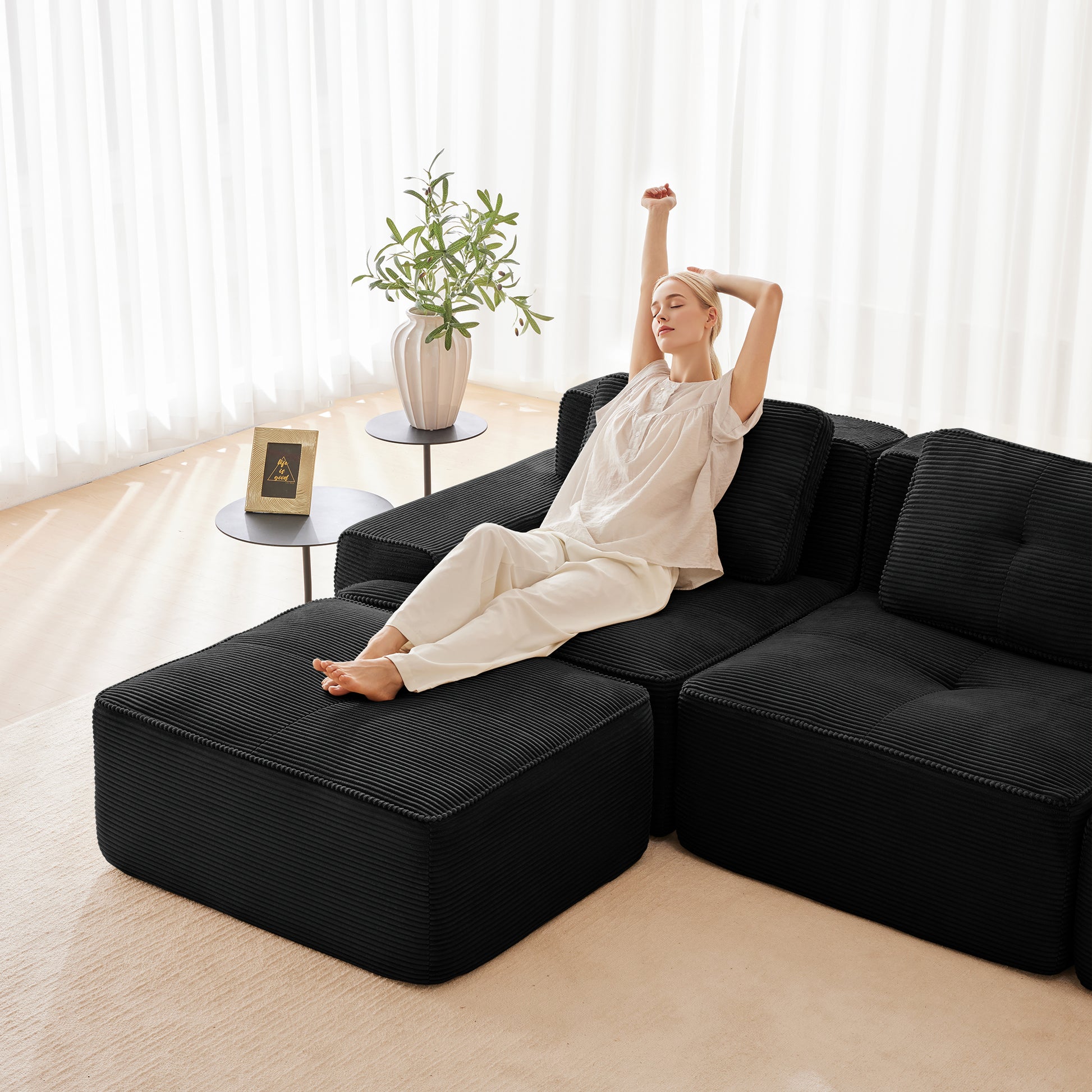 Modular Sectional Sofa with 5-Seater,V Shaped Corner Couch,Corduroy Fabric,2 Movable Ottomans, Deep Seat for Living Room, Pearl-like piping, Tufted Design, No Assembly, Anti-slip Design,Black image 9