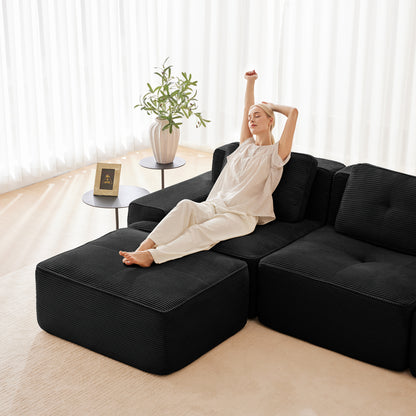 Modular Sectional Sofa with 5-Seater,V Shaped Corner Couch,Corduroy Fabric,2 Movable Ottomans, Deep Seat for Living Room, Pearl-like piping, Tufted Design, No Assembly, Anti-slip Design,Black image 9