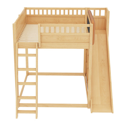 Full Size Loft Bed with upholstered headboard and storage shelves, complete with ladder and slide, Natural image 9