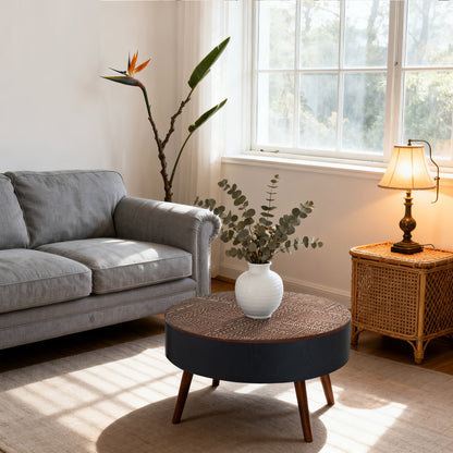 31.5" Round Carved Coffee Table with Storage Space, Mid-Century Modern Wooden Tea Table for Living Room, Apartment, Office,Brown+ Black. image 5