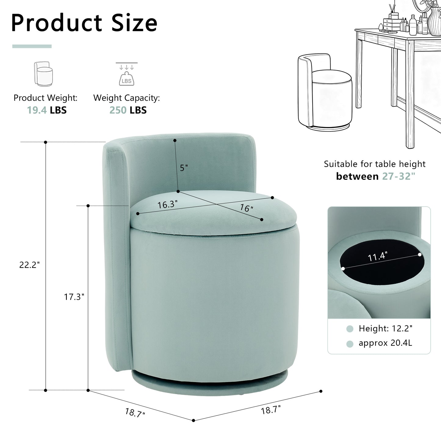 075-Velvet Fabric Swivel Accent Chair, Comfy Barrel Vanity Chair With Curved Backrest, Upholstered Storage Chair For Primary Living Room, Aqua image 12