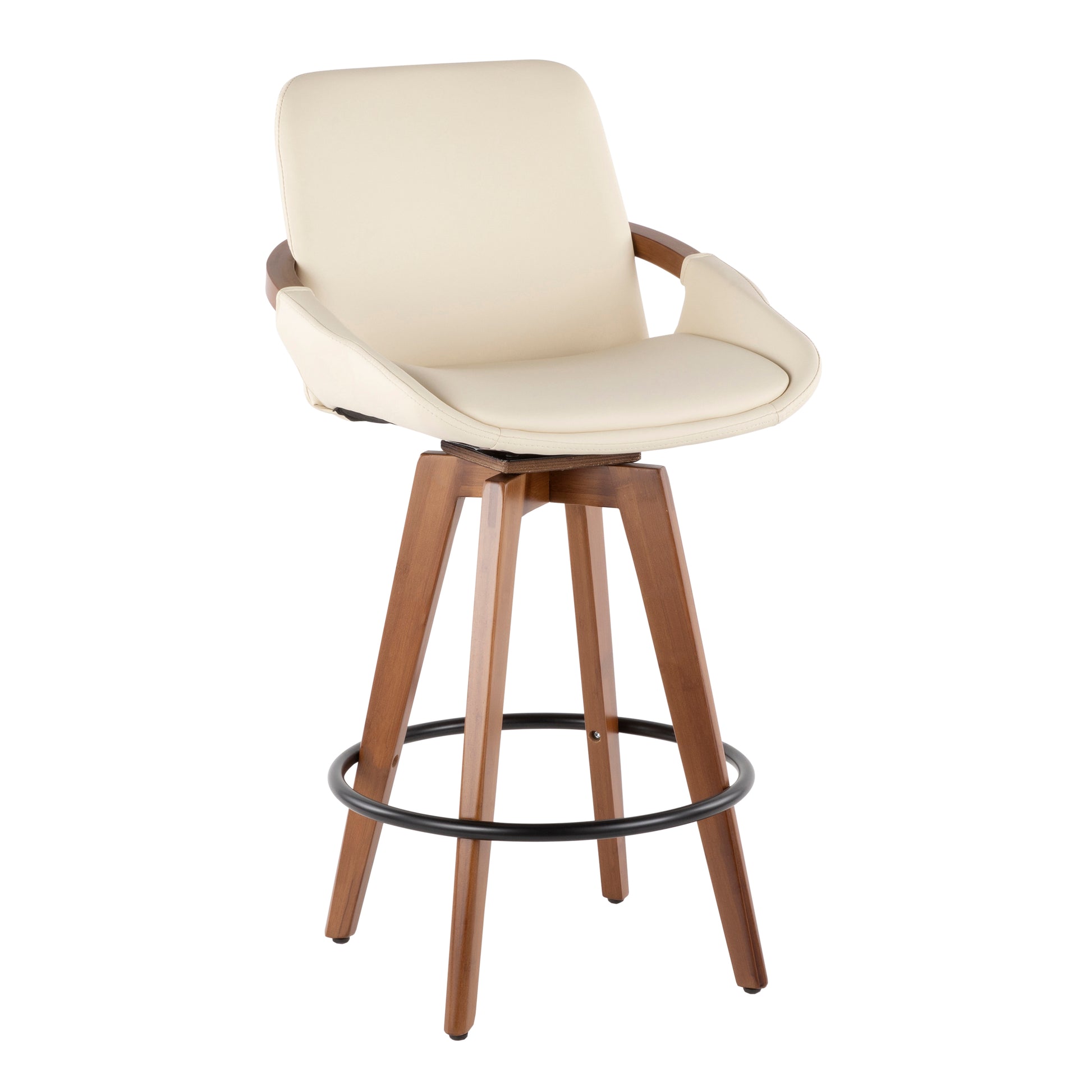Mid-Century Counter Stool in Walnut and Cream Faux Leather image 1