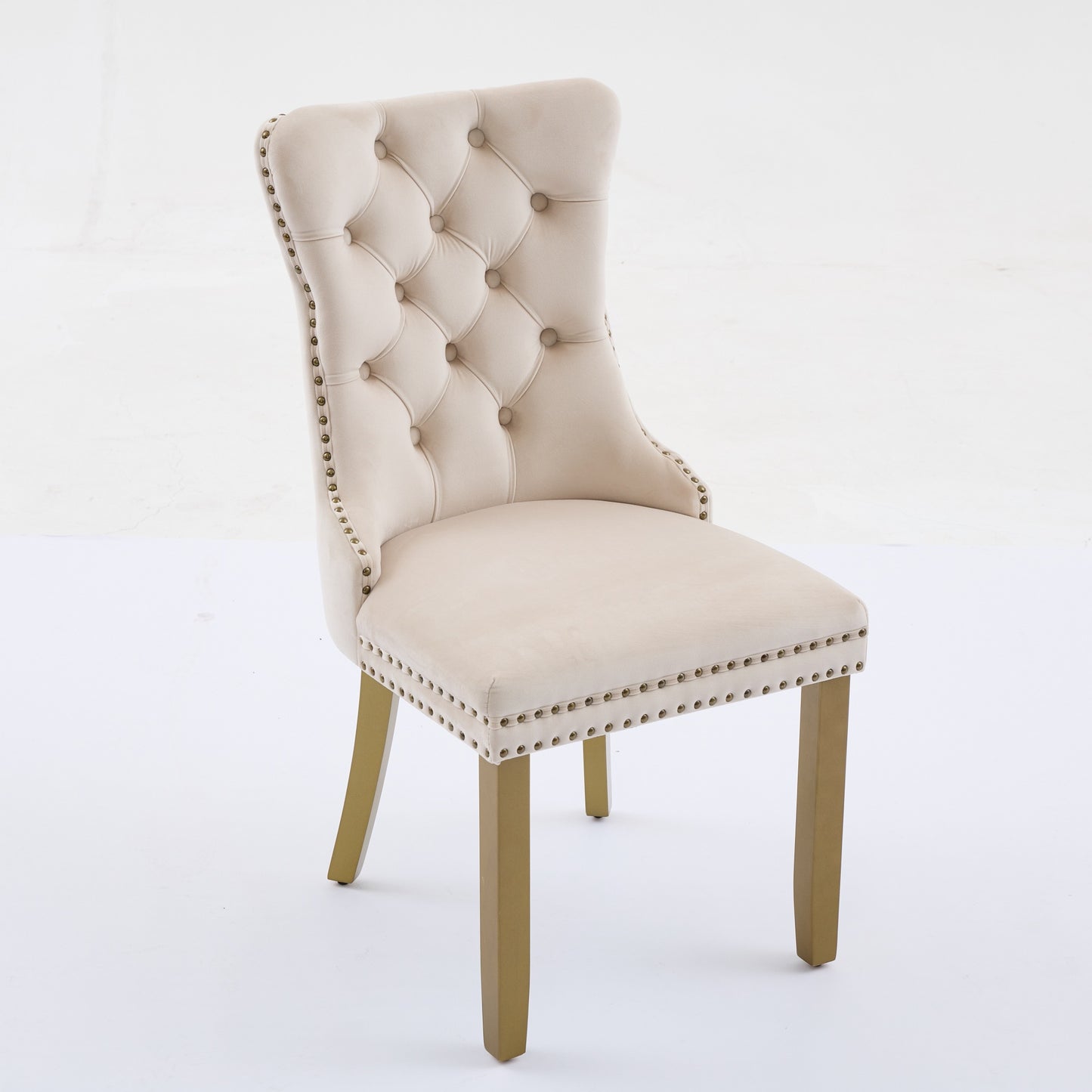 Mid-Century Modern Chairs with Lion Head Pull Ring,High-end Tufted Solid Wood Contemporary Velvet Upholstered Dining Chair with Golden Wooden Legs Nailhead Trim 2-Pcs Set,Beige,SW1201BG image 4