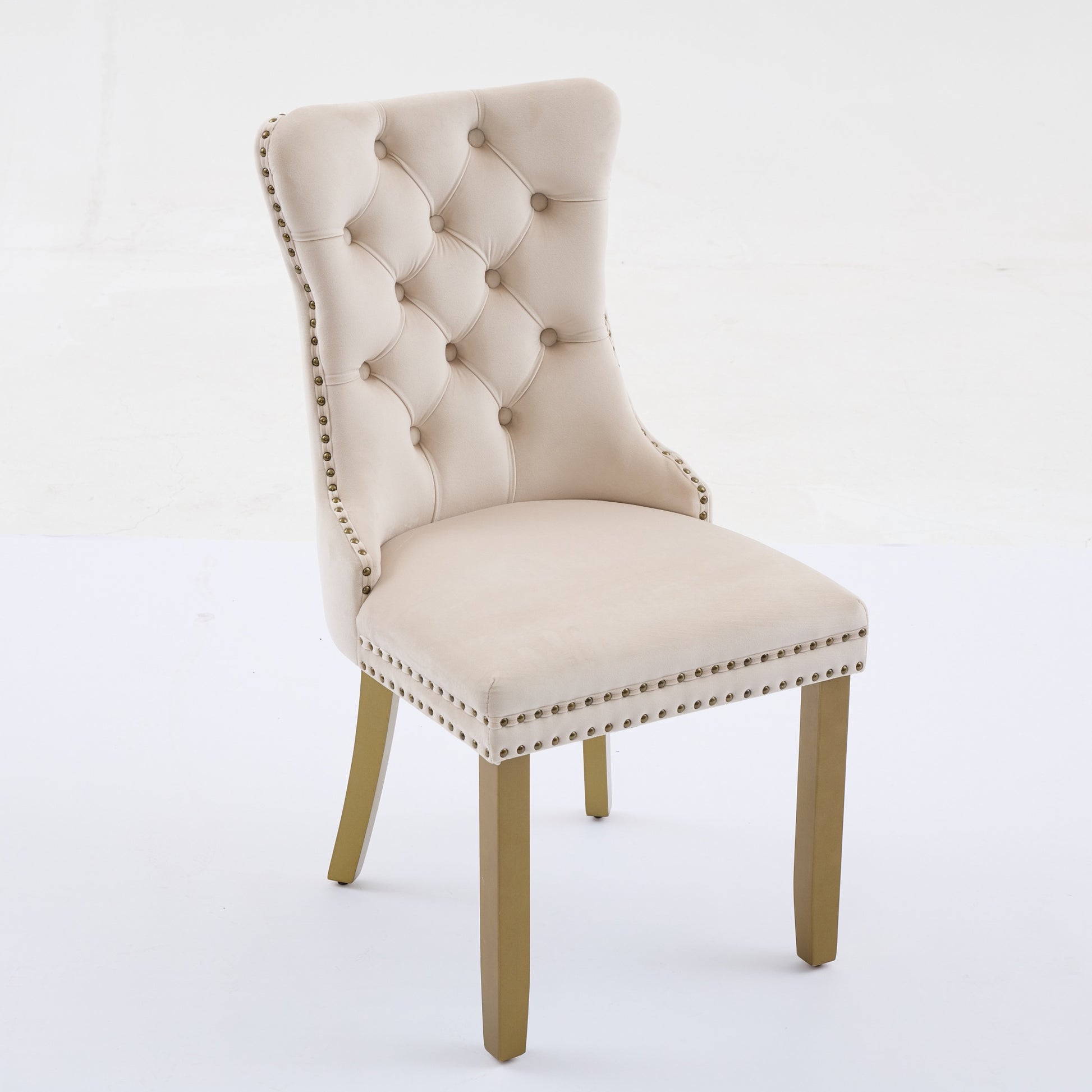 Mid-Century Modern Chairs with Lion Head Pull Ring,High-end Tufted Solid Wood Contemporary Velvet Upholstered Dining Chair with Golden Wooden Legs Nailhead Trim 2-Pcs Set,Beige,SW1201BG image 4