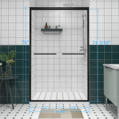 44-48"x76" Aluminum Frame Double Sliding Shower Door,Bypass Bathroom Sliding Door with Premium 1/4" (6mm) Clear Tempered Glass, Black Hardware Sliding Glass Shower Enclosure,Matte Black Finished image 2