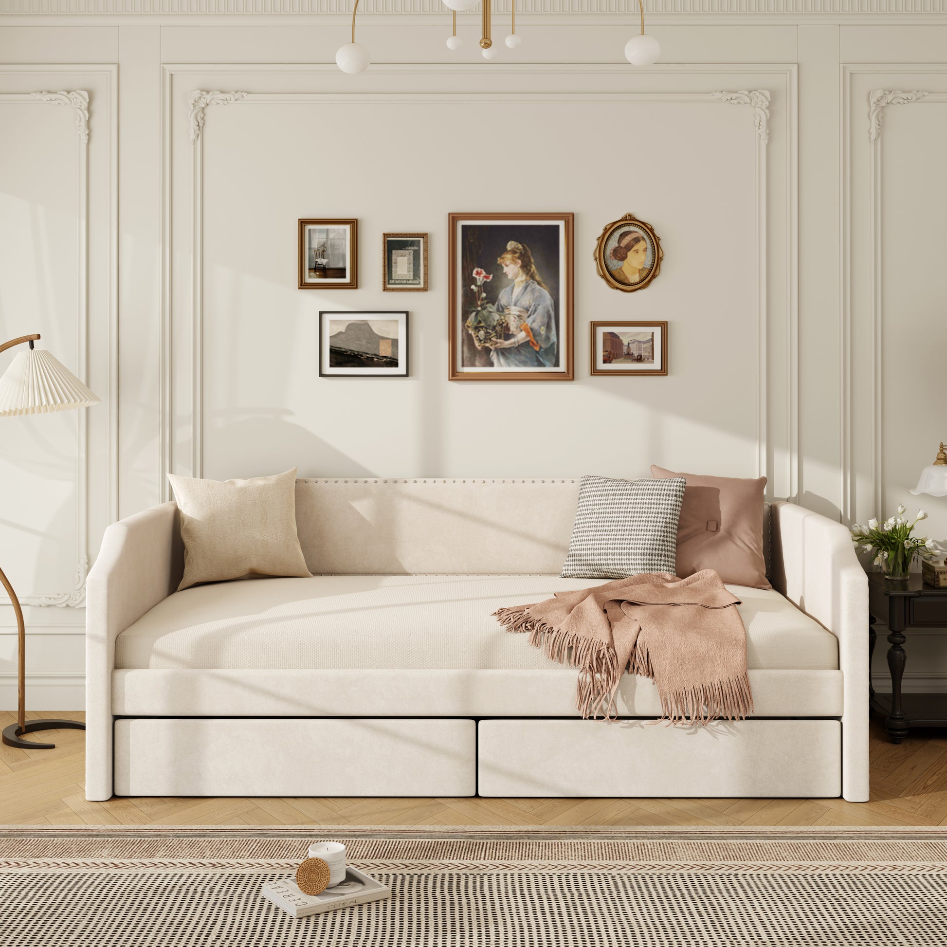 Twin Size Velvet Upholstered Daybed with 2 Drawers, Beige image 3