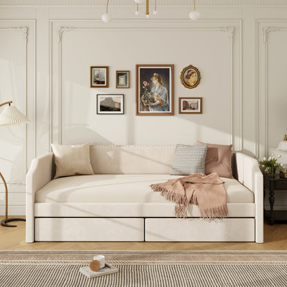 Twin Size Velvet Upholstered Daybed with 2 Drawers, Beige image 3