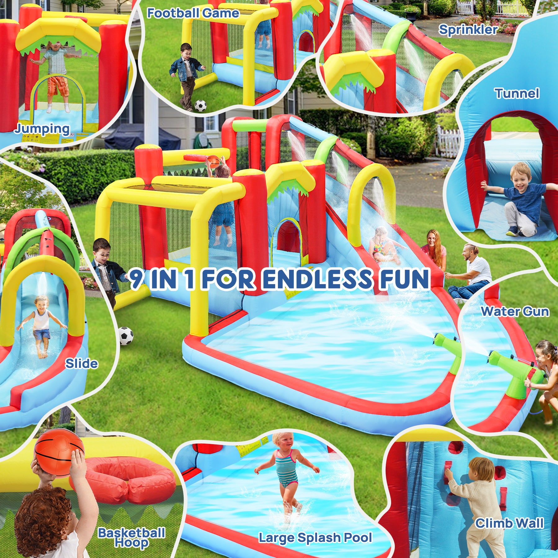 7 in1 Inflatable slide water park bouncing house outdoor Soccer garden bouncer with Splash pool & Water gun & Climbing wall & Basketball & Football image 4