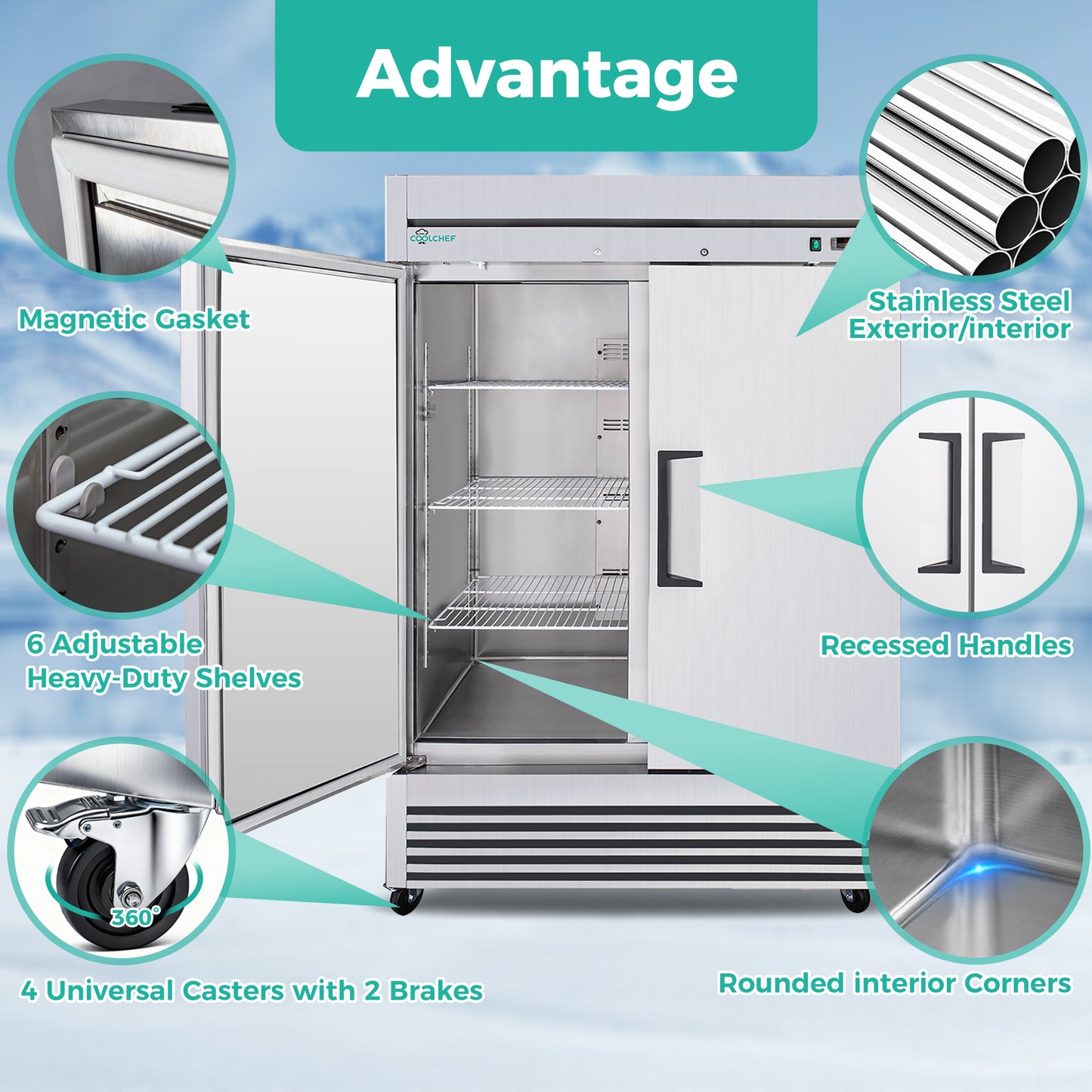 54" Commercial Refrigerator 49 Cu.Ft, Stainless Steel 2 Door Reach-in Fridge, 32–37℉, Air Cooling, LED Light, 6 Shelves, R290, ETL image 5
