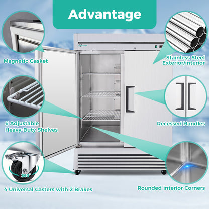 54" Commercial Refrigerator 49 Cu.Ft, Stainless Steel 2 Door Reach-in Fridge, 32–37℉, Air Cooling, LED Light, 6 Shelves, R290, ETL image 5