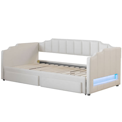 Twin XL Size Extendable Upholstered Daybed with Two Storage Drawers and LED Light,Twin XL to King Daybed,Beige image 12