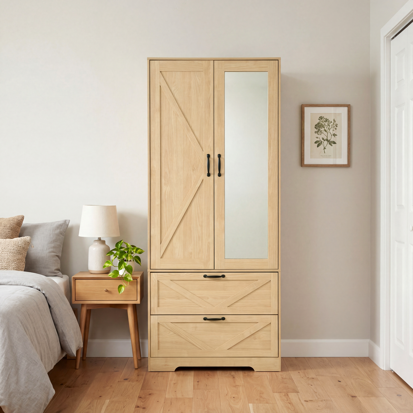 2 Door Wood Wardrobe for Bedroom with Hanging Clothing Rod inside the Cabinet and 2 Drawers for Storage Organization, Built-in induction light Multifunctional Closet with Mirror, Natural image 2