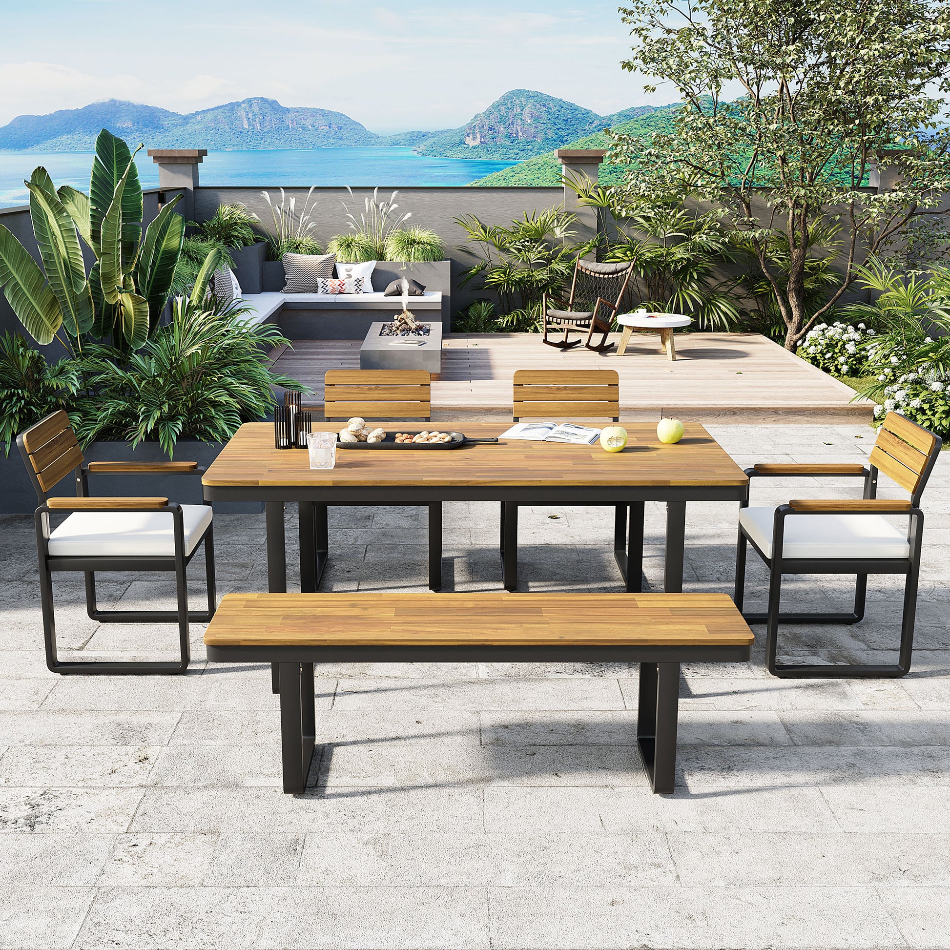 6-Piece Outdoor Dining Set, Acacia Wood, 1 Table with 4 Chairs & 1 Bench for 6-7 Person, Comfortable Cushions on Chairs, Adjustable Feet, for Patio, Garden, Backyard Dining, Beige Cushion image 1