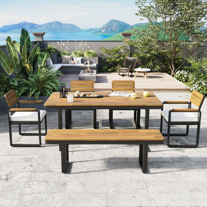 6-Piece Outdoor Dining Set, Acacia Wood, 1 Table with 4 Chairs & 1 Bench for 6-7 Person, Comfortable Cushions on Chairs, Adjustable Feet, for Patio, Garden, Backyard Dining, Beige Cushion image 1